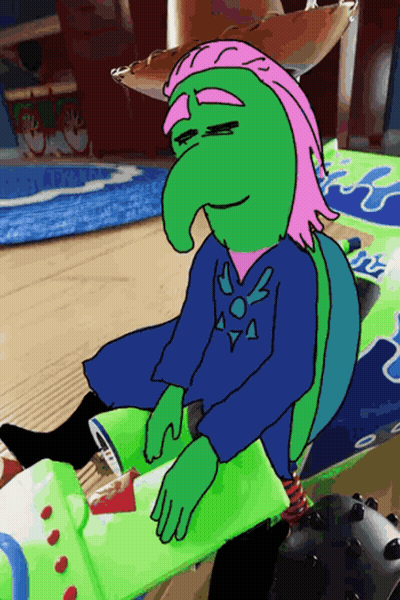 Green Cartoon Character With Pink Hair On Toy Truck GIF