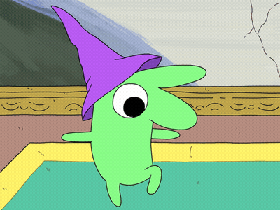 Green Cartoon Character With Purple Hat GIF