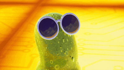 Personaje de caricatura verde con gafas redondas GIF