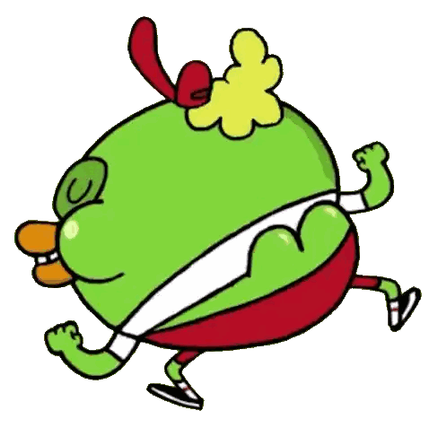 Green Cartoon Character With Yellow Flower And Red Hat Running Sticker