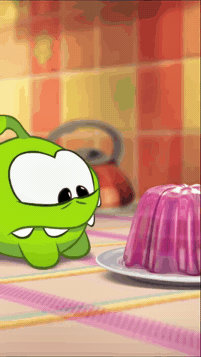 Green Cartoon Looking At Purple Pudding GIF