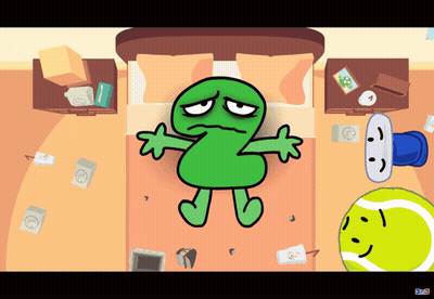 Green Cartoon Lying On Bed Next To Face Tennis Ball GIF