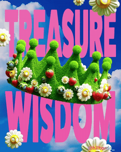 Green Crown With Strawberries And Daisies Saying Treasure Wisdom In Pink GIF