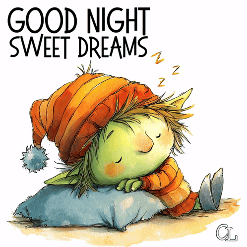 Green Elf Sleeping on Pillow Good Night Sweet Dreams