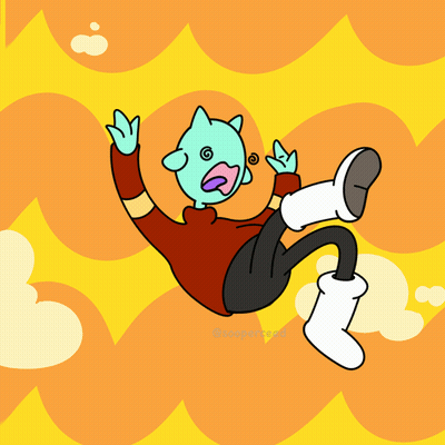 Green Faced Cartoon Falling On Yellow Background GIF