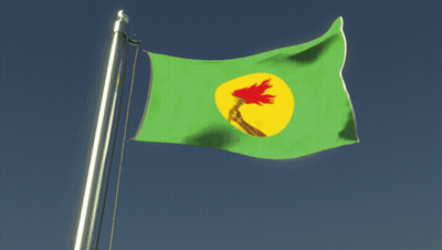 Green Flag With Yellow Circle And Red Flame GIF