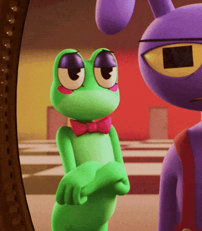 Green Frog And Purple Rabbit Looking At Each Other GIF