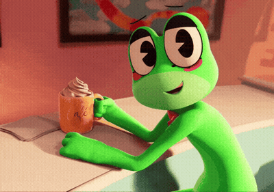 Green Frog Holding Cup Of Coffee With Whipped Cream GIF