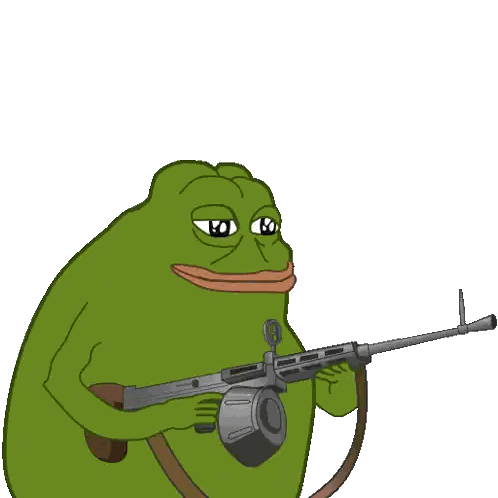Green Frog Holding Gun With O Sticker