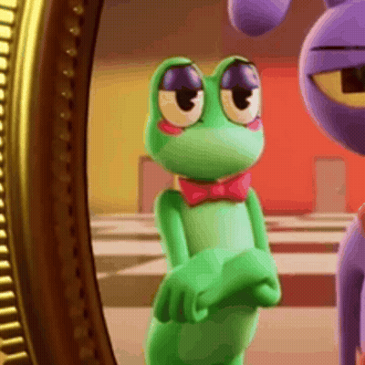 Green Frog In Red Bow Tie Looking In Mirror GIF