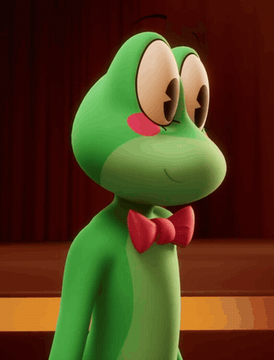 Green Frog In Red Bow Tie On Stage GIF