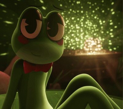 Green Frog In Red Bow Tie Sitting On Bed GIF
