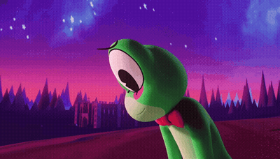 Green Frog In Sunglasses And Bow Tie Under Purple Sky GIF