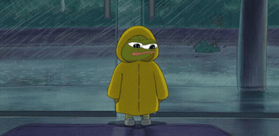 Green Frog In Yellow Raincoat Standing In Rain GIF