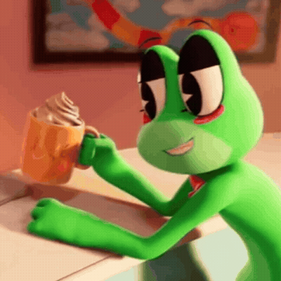 Green Frog Sitting At Table Holding Coffee And Ice Cream GIF