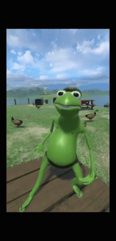 Green Frog Sitting On Wooden Table With Ducks GIF