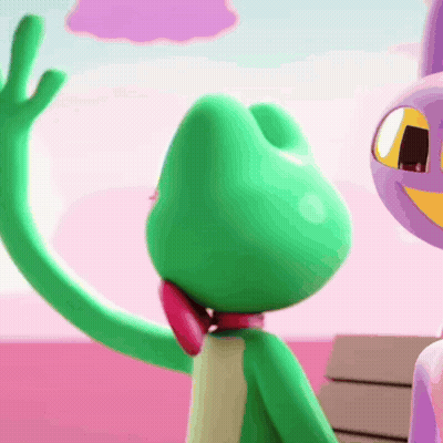 Green Frog Talking On Pink Phone Next To Purple Frog GIF