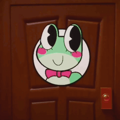 Green Frog With Pink Eyes And Bow Tie In Doorway GIF
