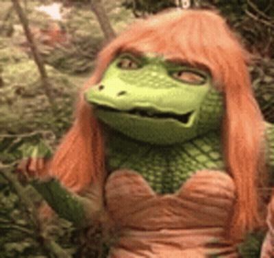 Green Frog With Red Hair And Pink Dress GIF