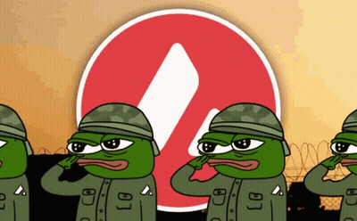 Green Frogs In Military Uniforms Saluting In Front Of Red Sign GIF