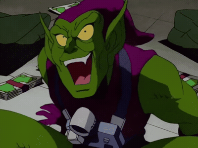 Green Goblin With Purple Cape Surrounded By Money GIF