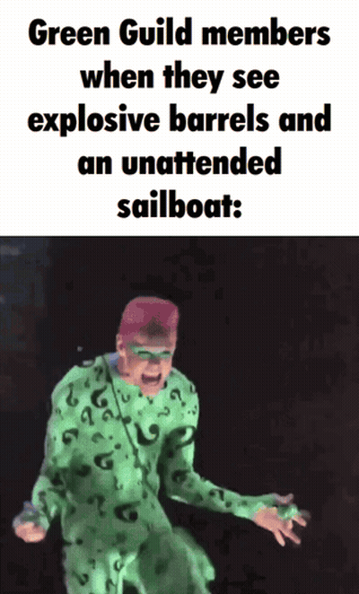 Green Guild Members Seeing Explosive Barrels And Unattended Sailboat GIF