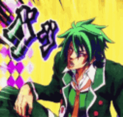 Green Haired Cartoon Character Sitting In Green Jacket GIF