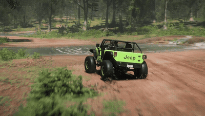 Green Jeep Driving On Dirt Road Near River GIF