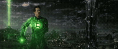 Green Lantern Costume Standing In Front Of City GIF