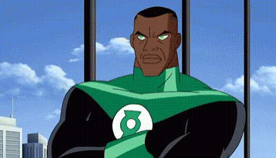 Green Lantern With Arms Crossed In Front Of Buildings GIF