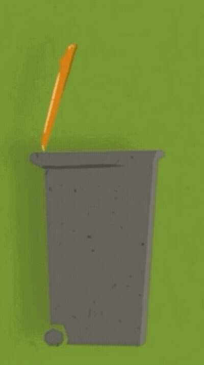 Green Lego Block Thrown Into Trash Can With Pencil GIF