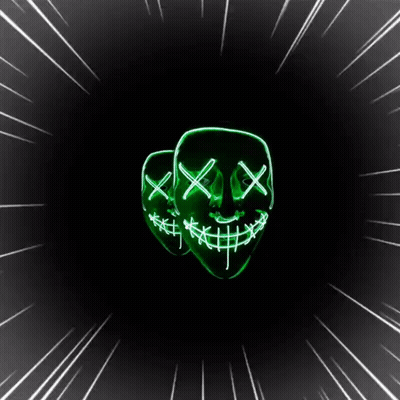 Green Light Up Mask With Crossed Eyes And Stitched Mouth GIF