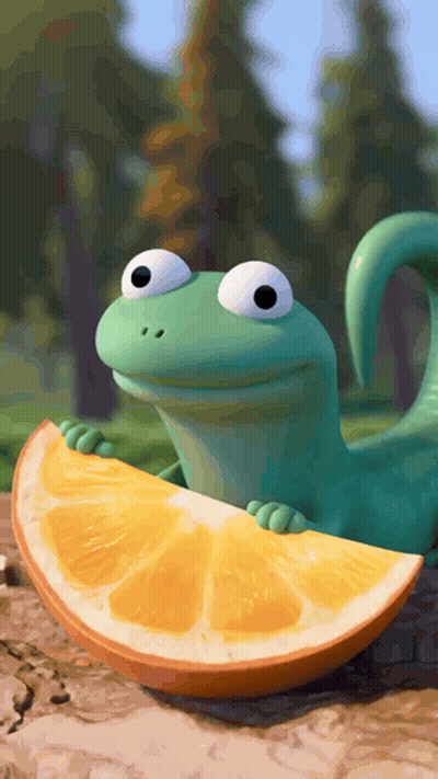 Green Lizard Holding Orange Slice GIF