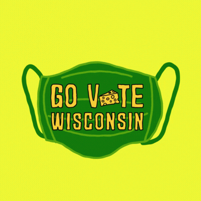 Green Mask Saying Go Vote Wisconsin On Yellow Background GIF