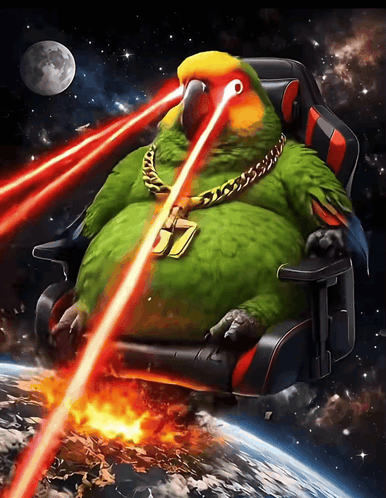 Green Parrot In Chair With Laser Eyes GIF