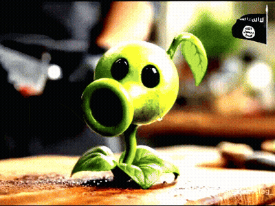 Green Plant With Black Eyes Next To Islamic State Flag GIF