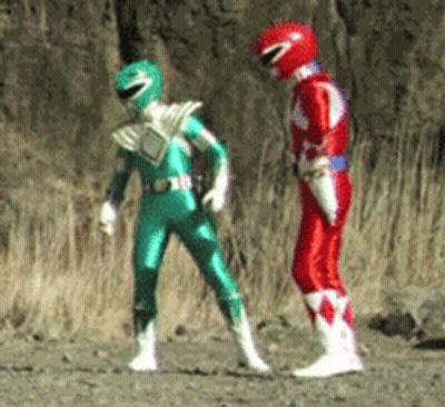Green Power Ranger And Red Power Ranger Standing Together GIF