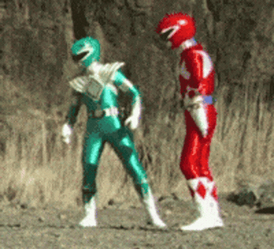 Green Power Ranger And Red Power Ranger Standing Together GIF