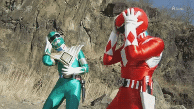 Green Ranger And Red Ranger On Rocky Hillside GIF