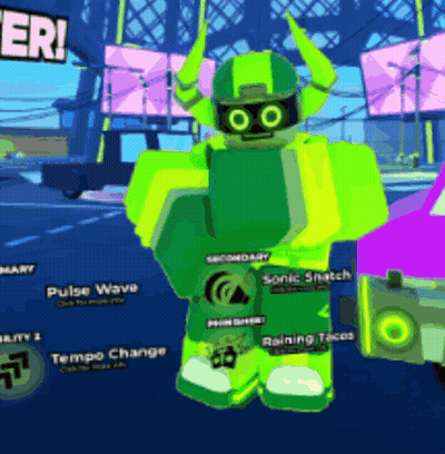 Green Robot With Horns In Front Of Secondary Sign GIF