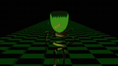 Green Skeleton Walking Down Striped Staircase GIF