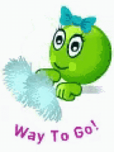 Green Smiley With Blue Bow Holding Blue Pom Pom GIF