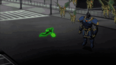 Green Superhero Attacked By Monsters GIF