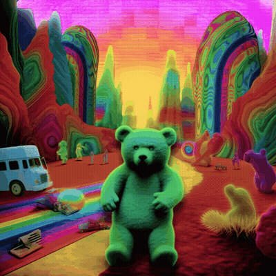 Green Teddy Bear Sitting In Colorful Scene GIF