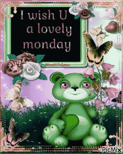 Green Teddy Bear Surrounded by Butterflies and Flowers