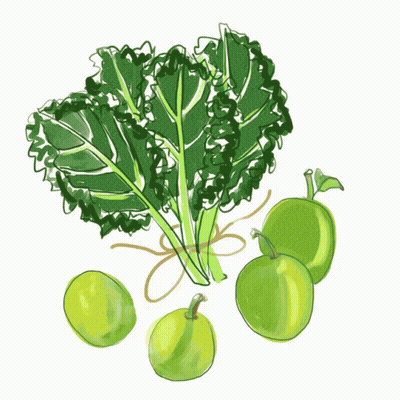 Green Vegetables Kale And Apples Next To Cutting Board GIF
