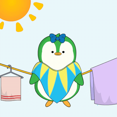 Green White Penguin With Blue Bow Clothes Line GIF