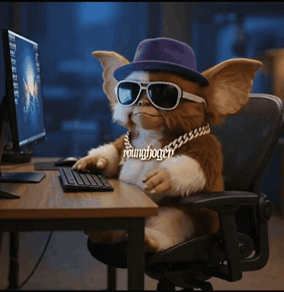 Gremlin In Purple Hat And Sunglasses At Computer Desk GIF