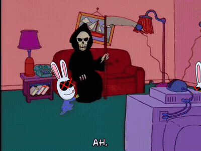 Grim Reaper Holding Dead Rabbit In Living Room GIF