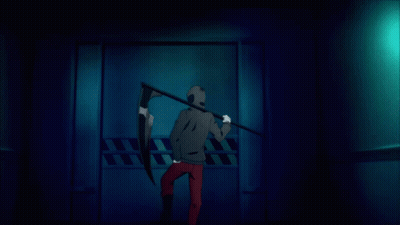 Grim Reaper Holding Scythe Against Blue Wall GIF